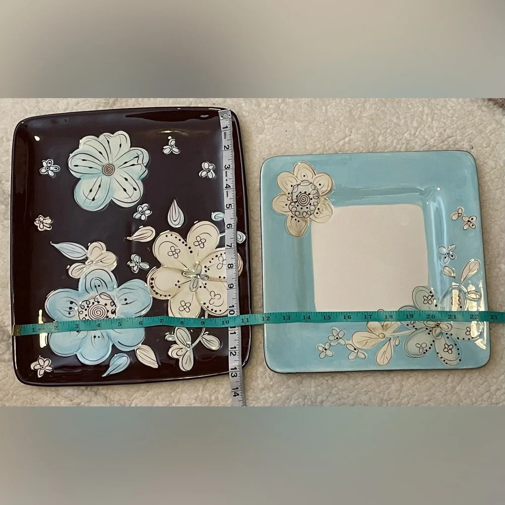 Pier 1 platter and dish set - brown and blue floral pattern 11x13 & 10x10 NWOT